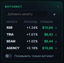 Вотчлист: монеты с текущим расхождением и прибылью