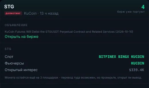 Событие листинга со списком бирж, где монета уже торгуется